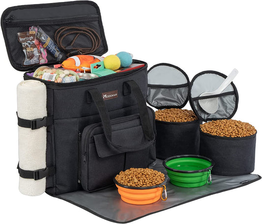 Dog Travel Bag with 2 Collapsible Dog Bowls, 1 Dog Backpack, Airline Approved Pet Travel Bagorganizer for Supplies & Accessories, 2 Travel Dog Food Container, Black